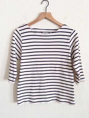 LL Bean 100% Cotton Breton Stripe 3/4 Sleeve Top Medium Sailor Nautical Preppy